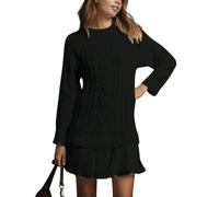 WINKEEY Robe Pull Femme en Maille Torsadée Manches Longues Robe Courte Elégante avec Jupe Plissée en Chiffon, Noir L