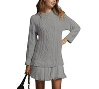 WINKEEY Robe Pull Femme en Maille Torsadée Manches Longues Robe Courte Elégante avec Jupe Plissée en Chiffon, Gris S