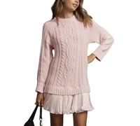 WINKEEY Robe Pull Femme en Maille Torsadée Manches Longues Robe Courte Elégante avec Jupe Plissée en Chiffon, Rose M