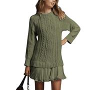 WINKEEY Robe Pull Femme en Maille Torsadée Manches Longues Robe Courte Elégante avec Jupe Plissée en Chiffon, Vert 3XL