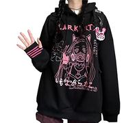 WINKEEY Sweat à Capuche Animé Y2K Pull Gothique Japonais Kawaii Femme Impirmé Manga Motif Mignon Sweatshirt Harajuku à Manches Longues, Noir Fille Chat M