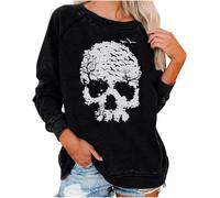 WINKEEY Sweatshirt Femme Tête de Mort Pull Gothique Imprimé Squelette Skull Tunique Col Rond T-Shirt Manches Longues Graphique, Noir Oiseau S