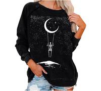 WINKEEY Sweatshirt Femme Tête de Mort Pull Gothique Imprimé Squelette Skull Tunique Col Rond T-Shirt Manches Longues Graphique, Noir Balançoire 3XL