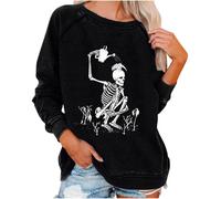 WINKEEY Sweatshirt Femme Tête de Mort Pull Gothique Imprimé Squelette Skull Tunique Col Rond T-Shirt Manches Longues Graphique, Noir Aroser L