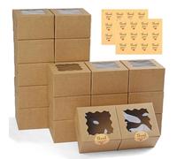 WINKIO Lot de 24 boîtes à biscuits marron de 10,2 x 10,2 x 6,3 cm avec fenêtre, pour mini gâteaux, friandises, desserts, beignets, macarons, fraises, chocolats, bonbons (avec autocollants)