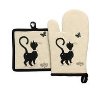 Winkler - Lot gant/manique Dubout Chat Papillon - 100% coton - Protection de cuisine, barbecue, pâtisserie - Dessous de plat en tissu - Illustration dessin français