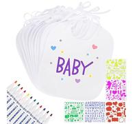 Winload Bavoir pour Bébé Blanc la Peinture, 12 Pcs Bavoir Bandana avec 12 Marqueurs Textile et 5 Pochoirs pour Fille et Garcon, Imperméable et Absorbant, Bavoirs Drool en Coton pour Les Fêtes de Bebe