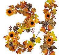 Winlyn Lot de 2 guirlandes de Feuilles d'érable - 1,8 m/pièce Artificielle - Fleurs de Tournesol et citrouilles - Décoration pour fête de Mariage, dîner, cheminée, Cadre de Porte, décor