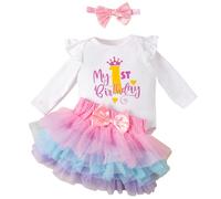 Winmany Bébé Fille 1er Anniversaire Tutu Jupe Ensemble à Manches Longues Combishort Premier Anniversaire Smash Cake Tenues Ensemble de Robe de fête soirée