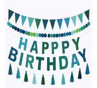 Winmany Lot de 4 bannières pré-enfilées en feutre avec inscription « Happy Birthday » - Bleu et vert - Pompons - Guirlande de fanions - Décorations d'anniversaire pour fête