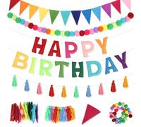 Winmany Lot de 4 bannières pré-enfilées en feutre avec inscription « Happy Birthday » - Multicolore - Pompons - Guirlande de fanions - Décorations d'anniversaire pour fête