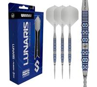 WINMAU Lunaris Darts Fléchettes professionnelles 90 % tungstène | Barils parallèles bleus et argentés | Technologie Switch Point | 2 pointes interchangeables | Tiges courtes et ailettes Fusion |