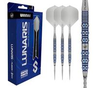 WINMAU Lunaris Darts Fléchettes professionnelles 90 % tungstène | Barils parallèles bleus et argentés | Technologie Switch Point | 2 pointes interchangeables | Tiges courtes et ailettes Fusion |