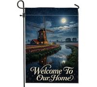 Winnowing Drapeau de jardin, campagne nocturne, tulipes et lune en toile de jute bleue double face pour extérieur, pelouse, porche, terrasse, entrée 30,5 x 45,7 cm