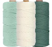WINOK Lot de 3 fils de macramé 3 mm x 100 m - Multicolore - Fil naturel en coton - Pour plantes murales, artisanat - Blanc, vert foncé, vert clair