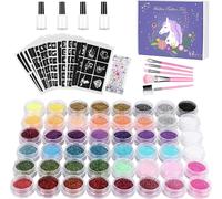 Winpok Glitter Kit de Tatouage, 48 couleurs, Tafforary Tattoos résistants à l'eau, Maquillage à paillettes pour enfants avec 203 pochoirs, 5 pinceaux, 4 adhésifs, Tatouages non toxiques