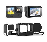Winpull Kit d'accessoires pour GoPro Hero 11/Hero 10/Hero 9 noir, 6 protections d'écran en verre trempé + cache objectif + étui en silicone avec lanière + porte latérale de rechange pour Go Pro Hero11 Hero10 Hero9