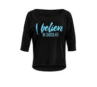 WINSHAPE Damen Ultra Leichtes Modal-3/4-arm Shirt Mcs001 Mit Neon Blauem „i Believe in Chocolate” Glitzer-Aufdruck Maillot de Yoga Femme