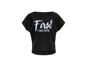 Winshape Damen Ultra leichtes Modal-3/4-Arm Shirt MCS001 mit weißem „First I Need Coffee” Glitzer-Aufdruck, T-Shirt Femme, Schwarz-Weiss-Glitzer, XXL