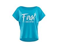 WINSHAPE Damen Ultra leichtes Modal-Kurzarmshirt MCT002 mit weißem „First I Need Coffee” Glitzer-Aufdruck T-Shirt, Bleu Ciel/Blanc, XXL Femme