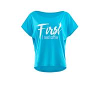 WINSHAPE Damen Ultra leichtes Modal-Kurzarmshirt MCT002 mit weißem „First I Need Coffee” Glitzer-Aufdruck T-Shirt, Bleu Ciel/Blanc, XXL Femme