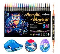 WINSONS Marqueurs acryliques à double pointe - 24 couleurs - Pointe pinceau - Non toxiques - Ne bavent pas - Imperméables - Couleurs vives - Permanents pour papier, œufs, chapeaux, tissus, pierres