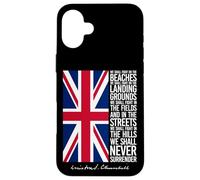 Winston Churchill Drapeau britannique avec citation We Shall Never Surrender Coque pour iPhone 16 Plus