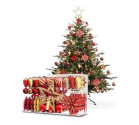 Wintem Lot de 106 décorations d'arbre de Noël en Rouge et Or avec balles, Fleurs et étoiles incassables pour décorations de Noël coordonnées, faciles à accrocher et à réutiliser