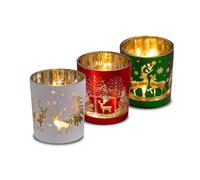 WINTEM Lot de 3 bougeoirs en verre rouge, vert et blanc avec décoration de Noël