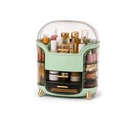 Wintem Organiseur de maquillage rotatif transparent vert avec 2 tiroirs pivotants à 90° et 2 compartiments latéraux, organisateur cosmétique compact pour coiffeuse