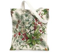 Winter Botanical Greenery Sac fourre-tout en toile de pin 33 x 38,1 cm | Illustration botanique, pommes de pin et baies de houx, style rustique rustique, accessoire de shopping réutilisable