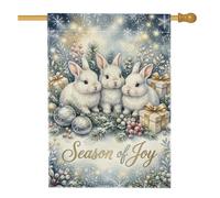 Winter Bunnies Drapeau de maison de Noël avec citation Season Of Joy 71 x | Verdure d'hiver, drapeau de pelouse, aiguilles de pin, boîtes cadeaux, accents de flocon de neige, sentiment de vacances