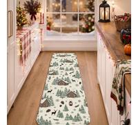 Winter Cabin Tapis de couloir Motif scène boisée 2 x 6 | Tapis d'entrée rustique imprimé cabane, silhouettes de rennes, motif forêt persistante, thème forêt confortable