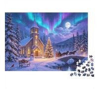 Winter Church Jigsaw Puzzle 1000 Pièces Recyclable Aurora Snowscape Jigsaw Puzzles Accessoires de Jeu de Puzzle Amusant et Challenging Jeu Familial Great Cadeau Idea 70x50cm/1000pcs