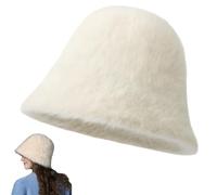 Winter Faux Fur Bucket Hat,Women's Warm Fuzzy Fisherman Cap,Comfort Soft Fluffy Plush Thickened Beanie Cap for Outdoor (White)