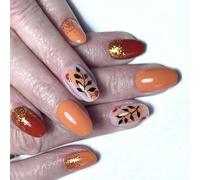 Winter Leaf Glow Lot de 24 faux ongles ovales courts avec revêtement brillant pour l'automne et l'hiver Marron