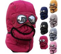 Winter Thermal Trapper Hat with Glasses,4 in 1 Windproof Warm Hat Detachable Mask Neckband,Unisex Outdoor Sport Snow Hats (Wine Red)