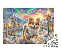 Winter Village Pup Puzzle 1000 pièces Adultes Chiot Spitz Nain Ville enneigée Aurore boréale Qualité supérieure épaisse Robuste Haute qualité stimulante Anti-Stress Jeu Famille Cadeau 38x26cm/1000pcs