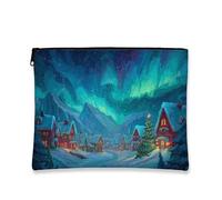 Winter Village Trousse de maquillage de Noël bleue Aurore boréale pour femme, petit organisateur portable à fermeture éclair, trousse de toilette de vacances, bleu, 7x9 Inch, Village d'hiver