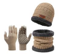 Winter Warm Fleece Lined Chunky Knit Thermal, 3 Pieces Winter Beanie Hat Scarf Touchscreen Warm Thermal Gloves Set Warm Knit Cap for Men and Women (Beige)