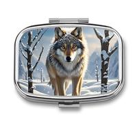 Winter Wolf Pilulier en métal étanche à 2 compartiments avec miroir pour sac à main, porte-vitamines, médicaments quotidiens (carré)