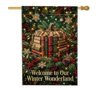 Winter Wonderland Book Citrouilles Drapeau de Noël 71 x 101 cm | Citation du pays des merveilles d'hiver, drapeau de pelouse, branches de pin, baies de houx rouge, flocons de neige dorés