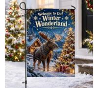 Winter Wonderland Drapeau de jardin avec citation élan 30,5 x 45,7 cm | Scène de cabane rustique, drapeau de cour, paysage couvert de neige, pin décoré, nature sauvage d'hiver