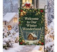Winter Wonderland Drapeau de jardin avec citation en anglais 30,5 x 45,7 cm | Feuillage de pin, drapeau de pelouse, cloches dorées, baies de houx, paysage enneigé, décoration d'intérieur saisonnière