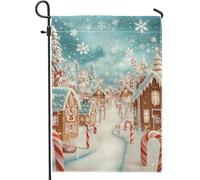 Winter Wonderland Drapeau de jardin en forme de maison en pain d'épices - Flocons de neige turquoise - Décoration de pelouse extérieure double face en toile de jute - Drapeau de cour sur le thème de