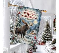 Winter Wonderland Drapeau de maison de Noël Motif cabane d'élan 71 x 101 cm | Oiseaux cardinaux, drapeau de pelouse, cabane rustique, forêt enneigée, paysage d'hiver, décoration de cour extérieure