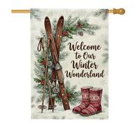 Winter Wonderland Drapeau de maison de ski 71,1 x 101,6 cm | Skis vintage, drapeau de cour, aiguilles de pin, baies de houx, bottes d'hiver confortables, décoration de cabine rustique