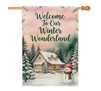 Winter Wonderland Drapeau de maison Motif bonhomme de neige 71 x 101 cm | Cabane confortable, drapeau de pelouse, paysage enneigé, pins, citation du pays des merveilles d'hiver