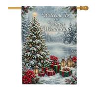 Winter Wonderland Drapeau de Noël avec citation de bienvenue 71 x 101 cm | Fond de forêt enneigée, drapeau de pelouse, lanternes lumineuses, boîtes cadeaux emballées, fleurs poinsettia vibrantes