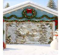 Winter Wonderland Housse de porte de garage Motif Père Noël blanc et bonhomme de neige Décoration extérieure de vacances Décoration de fête de Noël 397 x 180 cm
